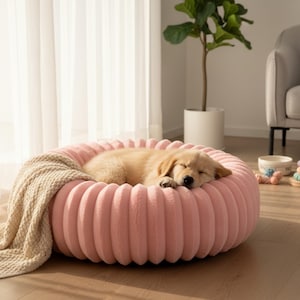 Pode incluir: Um filhote de golden retriever dormindo descansa em uma cama rosa e canelada para animais de estimação. Uma manta bege está sobre o lado. A cama é redonda e fica em um piso de madeira. Uma planta em vaso está ao fundo.
