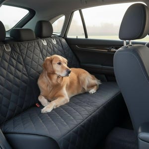 Op de afbeelding: Een golden retriever ligt op een zwarte, gewatteerde autohoes op de achterbank van een auto. De hoes is ontworpen om de bekleding van de auto te beschermen. De hond kijkt opzij.