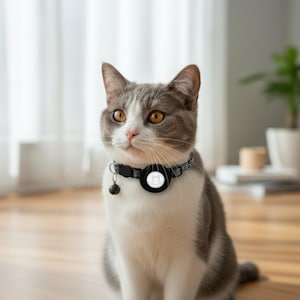 May include: A grey and white cat wearing a black collar with a small bell and a round, black tag with a cat face icon. The collar has a patterned design. The cat is sitting on a wooden floor.