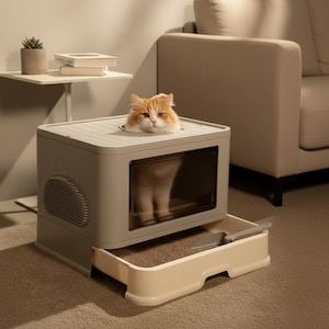 Pode incluir: Uma moderna caixa de areia para gatos fechada, em cinza neutro. A caixa tem uma bandeja retrátil para facilitar a limpeza e uma janela transparente. Um gato laranja e branco fofo é visível por dentro e espreitando para fora.