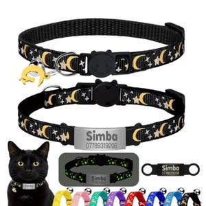 Personalized Glow in The Dark Cat Collar with Engraved ID, Bell & Moon Charm