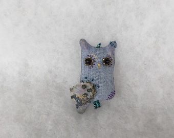 Denim owl brooch with red glass beads Jeans brooch blue owl brooch Bird brooch Summer brooch Gift brooch