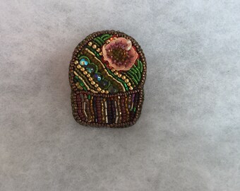 Beaded cactus jewelry brooch, art cactus flower brooch