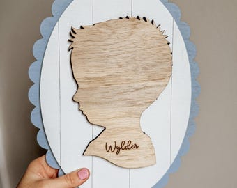 Personalized Wooden Silhouette Portrait | Scalloped Custom Child Profile Sign | Handcrafted Keepsake | 16x12