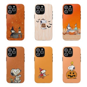 May include: Six smartphone cases featuring Peanuts characters in Halloween themes. Designs include Snoopy as a witch, a mummy, and a pumpkin rider, set against orange backgrounds with stars, stripes, spiderwebs, and jack-o'-lantern motifs.