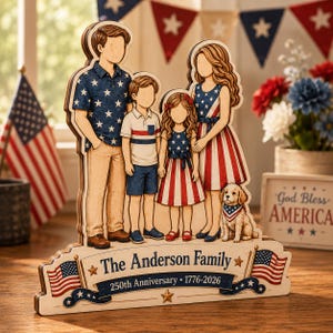 Könnte beinhalten: Ein hölzernes Tischdisplay mit einer vierköpfigen Familie und einem Hund, alle in patriotischer rot-weiß-blauer Kleidung. Der Sockel ist mit 'The Anderson Family', '250th Anniversary' und '1776-2026' beschriftet und von zwei Flaggen flankiert.