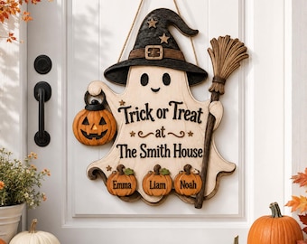Personalized Halloween Ghost Door Hanger, 3D Printed Trick or Treat Sign, Custom Family Name Porch Decor, Kids Name Pumpkin Sign