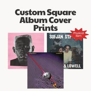Può includere: Stampe personalizzate di copertine di album quadrate. L'immagine mostra tre copertine di album: un ritratto in bianco e nero su sfondo rosa, una foto di due persone e un design astratto viola e nero.
