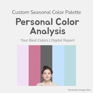 Puede incluir: La imagen presenta el texto "Custom Seasonal Color Palette" y "Personal Color Analysis". Debajo, hay una mujer y una paleta de colores con tonos de rosa, gris, azul y verde. También está presente el texto "Your Best Colors | Digital Report".