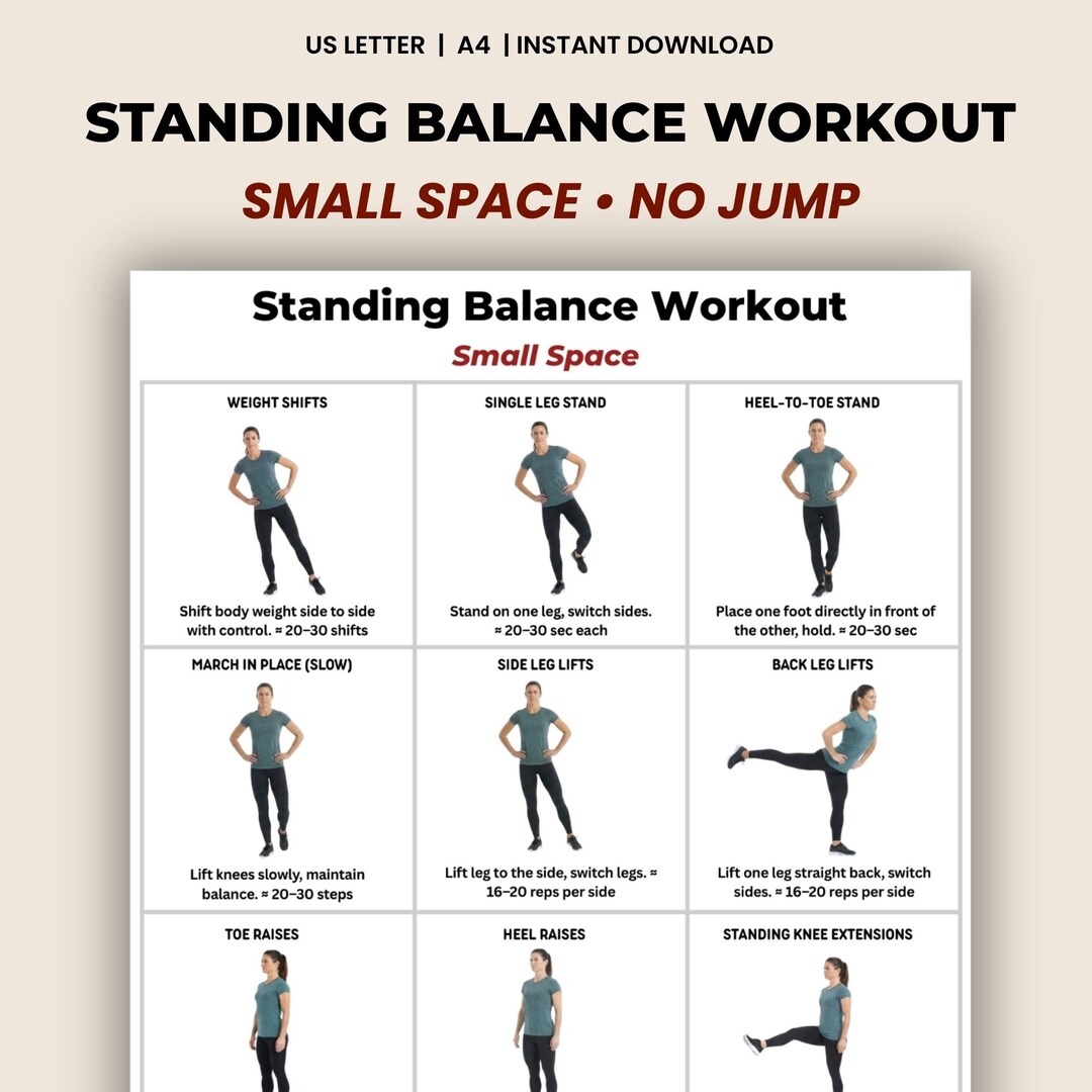 Standing Balance Workout Printable, Small Space Standing Exercises, No ...