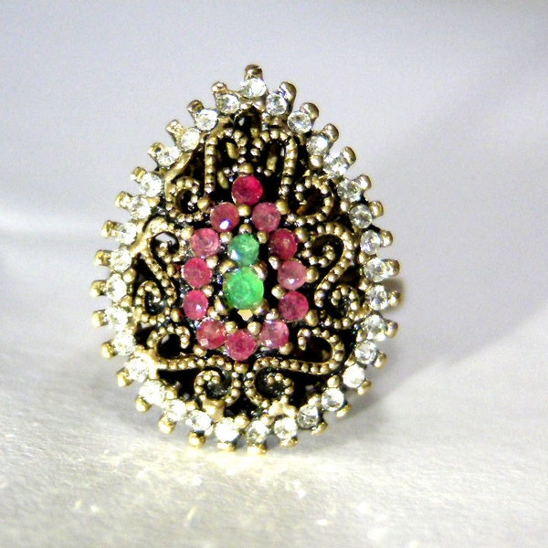 ruby emerald ring,zircons,antique,latvian ring