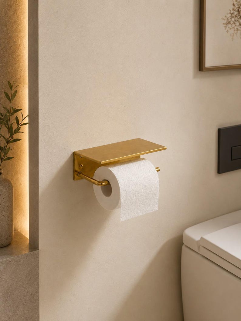 Handmade Solid Brass Toilet Paper Holder With Shelf, Farmhouse Bathroom ...