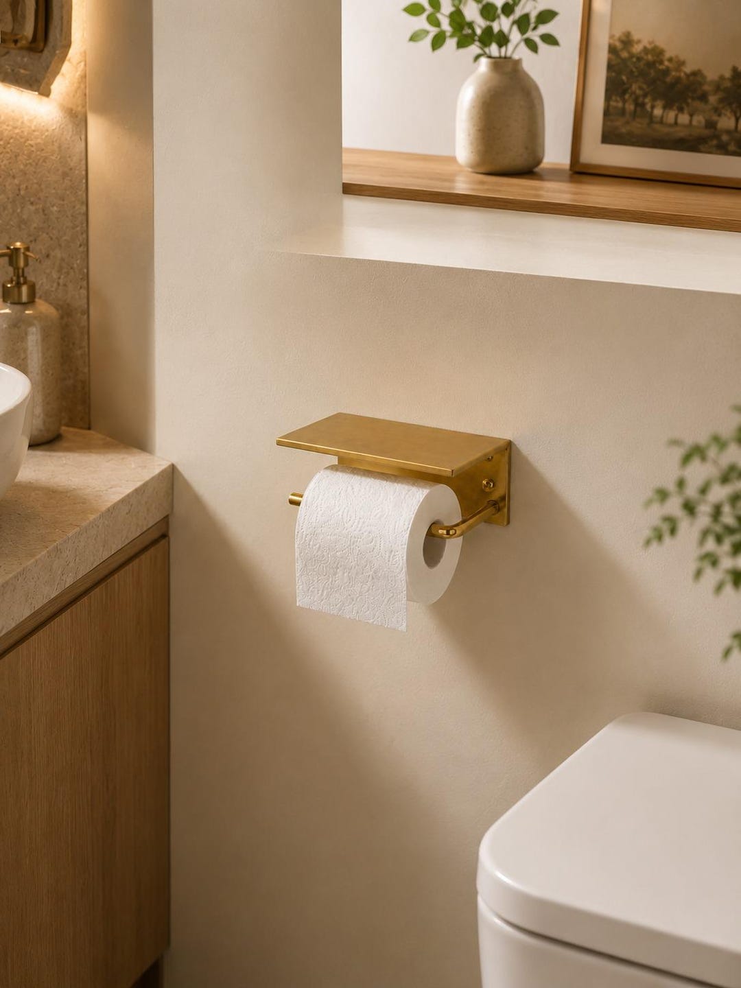Handmade Solid Brass Toilet Paper Holder With Shelf, Farmhouse Bathroom ...