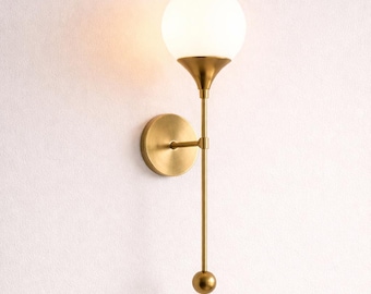 Mid-Century Modern Brass Trumpet Wall Sconce with Glass Globe Shade