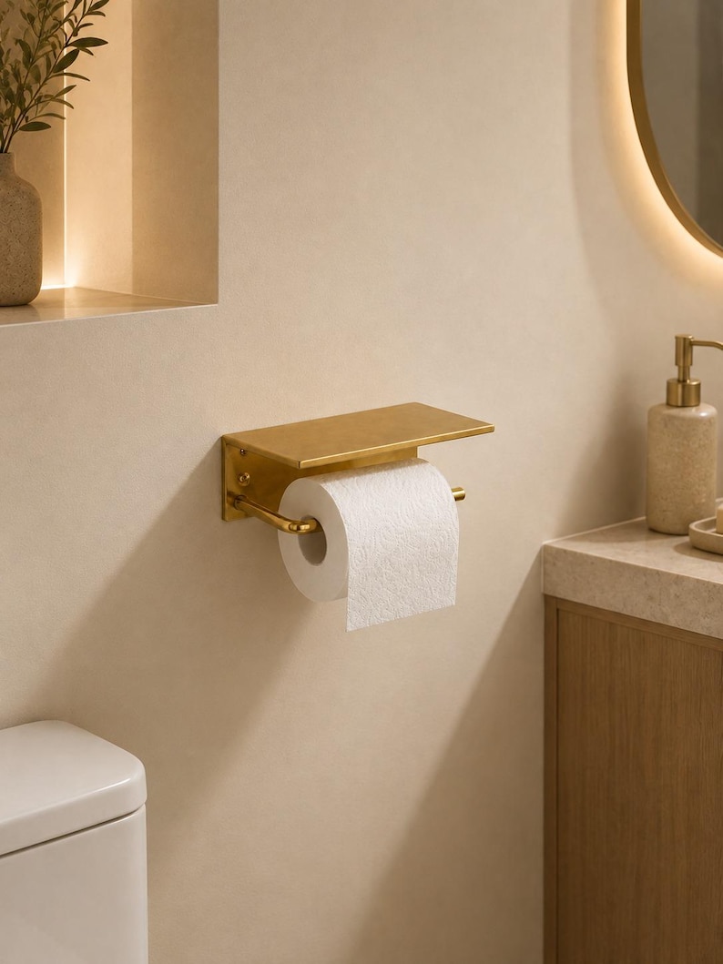 Handmade Solid Brass Toilet Paper Holder With Shelf, Farmhouse Bathroom ...