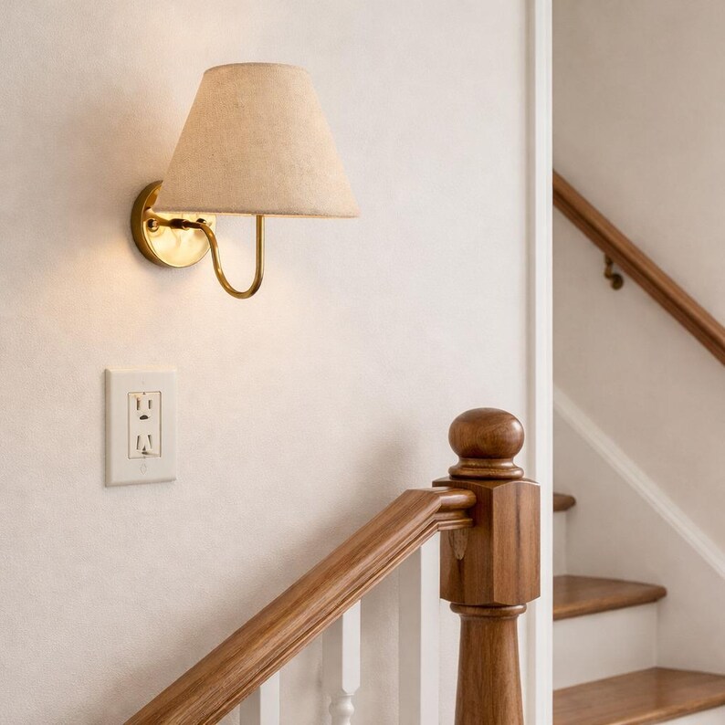May include: A wall-mounted sconce with a beige lampshade and a brass-colored base. The sconce is mounted on a white wall, with a white electrical outlet below. A wooden staircase with a wooden handrail is visible in the background.