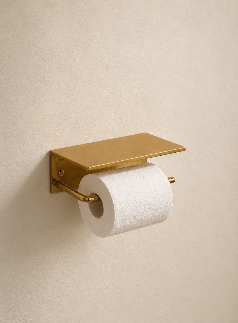 Handmade Solid Brass Toilet Paper Holder With Shelf, Farmhouse Bathroom ...