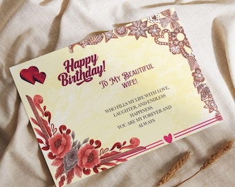 Tarjeta de cumpleaños para esposa imprimible / Tarjeta de cumpleaños para mi hermosa esposa / Tarjeta romántica de amor floral / Descarga instantánea / Tarjeta de cumpleaños romántica