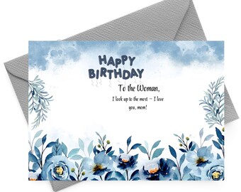 Tarjeta de feliz cumpleaños para mamá imprimible / Elegante tarjeta de cumpleaños floral azul para madre / Tarjeta de descarga digital para hija o hijo