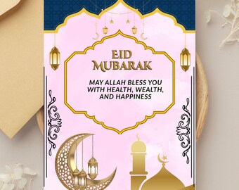Tarjeta de felicitación Eid Mubarak imprimible / Tarjeta elegante Eid islámica / Tarjeta de lujo para festivales musulmanes / Descarga digital Eid