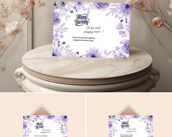 Tarjeta de feliz cumpleaños para mamá / Tarjeta de cumpleaños floral morada f / Tarjeta de cumpleaños imprimible para mamá / Tarjeta de cumpleaños elegante para mamá / Descarga digital