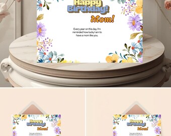Tarjeta de Feliz Cumpleaños Mamá Imprimible, Tarjeta Floral de Cumpleaños para Mamá, Elegante Tarjeta de Cumpleaños para Mamá, Descarga Instantánea, Tarjeta de Felicitación DIY para Mamá