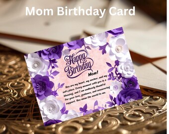 Tarjeta floral de cumpleaños para mamá / Marco de flores moradas (Descarga digital)