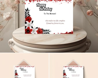 Tarjeta de cumpleaños imprimible para esposa, romántica, elegante y floral, ¡Feliz cumpleaños! Descarga instantánea.