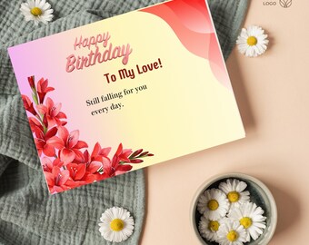 Tarjeta de cumpleaños romántica para esposa de parte de su esposo, tarjeta de cumpleaños para mi amor, elegante tarjeta imprimible de cumpleaños para esposa.