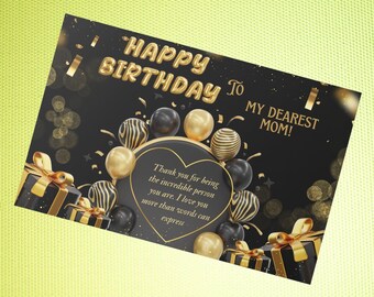 Tarjeta de feliz cumpleaños para mamá / Elegante tarjeta de cumpleaños en negro y dorado para mamá / De hijo o hija / Tarjeta de cumpleaños imprimible / Descarga instantánea