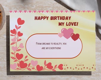 Tarjeta de feliz cumpleaños para mi amor para esposa / Tarjeta de cumpleaños romántica de esposo / Cumpleaños de esposa imprimible / Descarga digital / Descarga instantánea