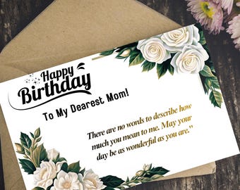 Tarjeta de feliz cumpleaños para mamá / Elegante tarjeta floral de cumpleaños para mamá / Tarjeta de cumpleaños imprimible para mamá / Tarjeta de rosa blanca para mamá / Descarga digital