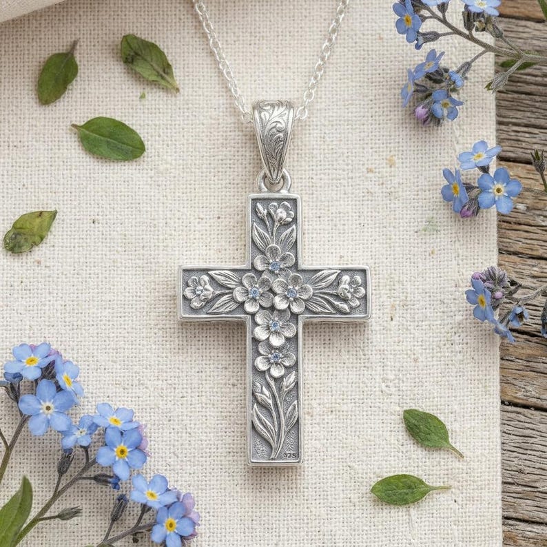 Sterling Silver Floral Cross Pendant Necklace With Blue Stone Accents ...