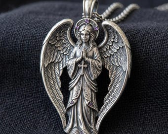 Naszyjnik z aniołem, srebrny, skrzydlaty krzyż modlitewny, biżuteria religijna w stylu secesyjnym