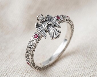 Angel Ring Silver Engraved Band with Red Stones Religious Statement Ring