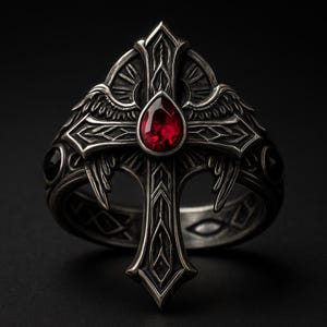 Puede incluir: Un anillo de plata detallado con un diseño de cruz y una gema roja en forma de lágrima. El anillo tiene intrincadas tallas y dos gemas negras en los lados, sobre un fondo oscuro.