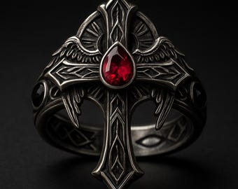 Gothic Cross Ring Blackened Sterling Silver Angel Wings Halo Ruby Red Stone Christian Statement Ring