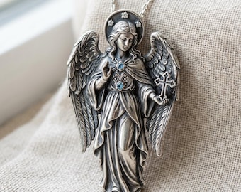 Naszyjnik z krzyżem anioła w kolorze srebrnym, edwardiańskim, z zawieszką z niebieskiego kamienia religijnego