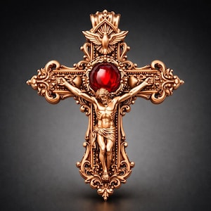 Puede incluir: Crucifijo dorado ornamentado con una gema roja en el centro. La cruz presenta tallas detalladas y una figura de Jesucristo. Una paloma está en la parte superior de la cruz. El fondo es un degradado de gris oscuro.