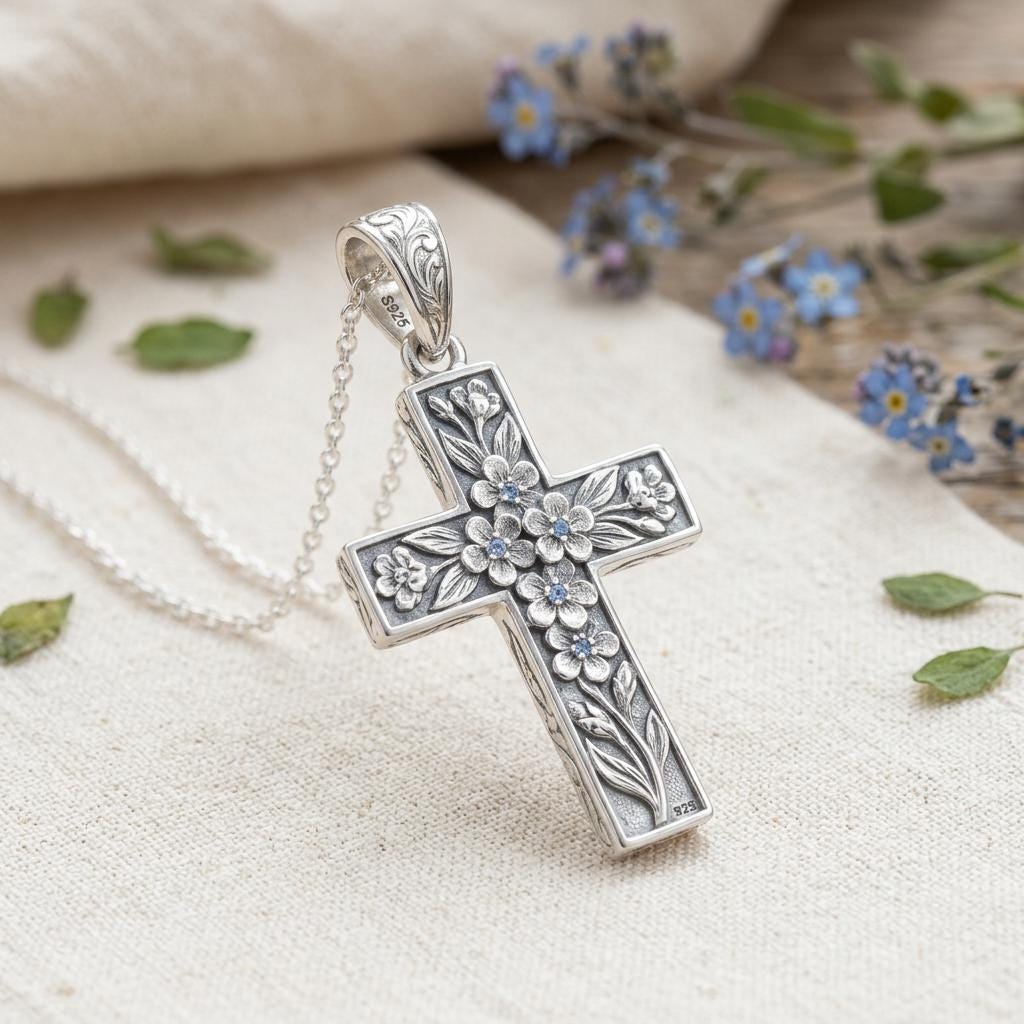 Sterling Silver Floral Cross Pendant Necklace With Blue Stone Accents ...