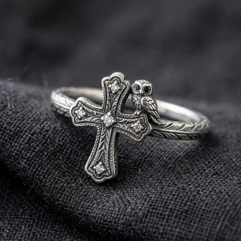 Silver Cross Owl Ring, Engraved Band Religious Statement Ring