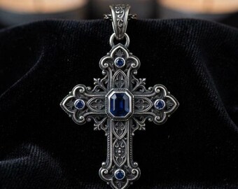 Cross Pendant Necklace Silver Blue Gem Gothic Filigree Ornate Religious Jewelry