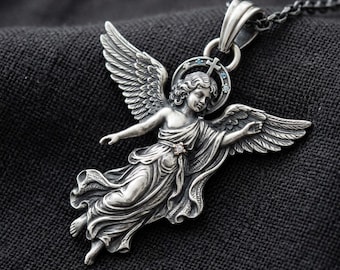 Naszyjnik z aniołem, srebrny, religijny, styl edwardiański, zawieszka z aureolą i skrzydłami