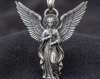 Gotycki anioł, srebrny wisiorek, naszyjnik z zawieszką w kształcie krzyża religijnego i niebieskim kamieniem