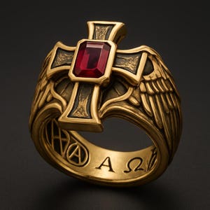 Può includere: Anello dorato con design a croce e gemma rossa rettangolare. L'anello presenta dettagli alati e simboli e lettere incise sulla fascia. L'anello è posto su uno sfondo scuro.