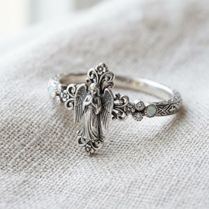 Angel Ring Silver Engraved Band with Red Stones Religious Statement Ring image 1