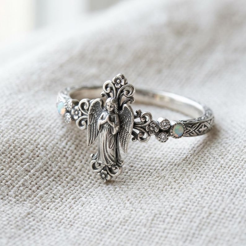 Angel Ring Silver Engraved Band with Red Stones Religious Statement Ring image 1