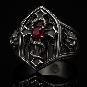Könnte beinhalten: Ein gotischer Ring in dunklem Silber. Er hat ein zentrales Kreuzdesign mit einem roten Edelstein und einer Schlange, die sich darum windet. Gargoyle-Gesichter befinden sich an den Seiten des Rings.