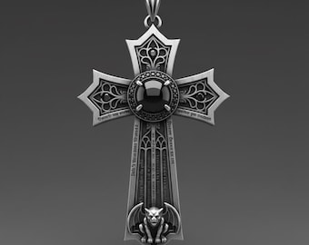 Oxidized Sterling Silver Gothic Cross Pendant, Black Stone Gargoyle