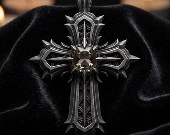 Gothic Sterling Silver Cross Pendant, Dark Crystal Statement Jewelry